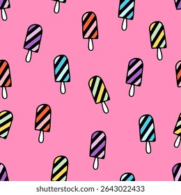 Seamless pattern with colorful striped popsicles on pink background. Hand-drawn style digital illustration