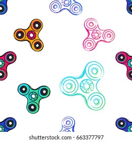 Seamless pattern with colorful stroked and filled fidget spinners. Vector hand drawn fashion illustration on white background in watercolor style.