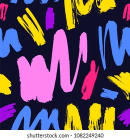 Seamless pattern of colorful strokes on black background. Vector paint brush stripes. Elements for design.