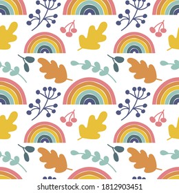 Seamless pattern with Colorful stylish autumn rainbows, oak leaves and berries. Vector illustrations for children's