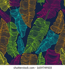 Seamless pattern with colorful stylized banana leaves. Vector illustration on dark blue background.