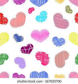 Seamless Pattern with  Colorful Stylized hand-drawn Scribble Hearts. St. Valentine's Day or Weddings Design Element. Doodle Sketch Childlike Style. Vector background.