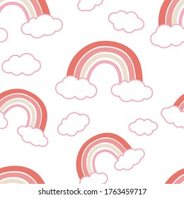 Seamless pattern colorful stylized rainbow clouds raindrops pink coral and beige pastel shades vector illustration