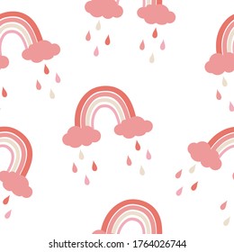 Seamless pattern colorful stylized rainbow clouds raindrops pink coral and beige pastel shades vector illustration