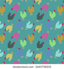Seamless pattern with colorful stylized roosters