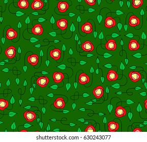 Seamless pattern. Colorful stylized rose flowers and leaves with knots on green background. Vector illustration.