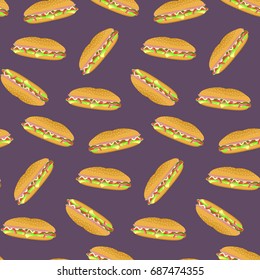 Seamless pattern with colorful sub sandwiches on violet background. Nice fast food texture for textile, wallpaper, cover, wrapping paper, banner, bar and cafe menu design