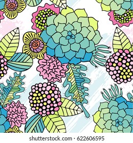 Seamless pattern colorful succulent wallpaper hand drawn on white background. Vector illustration.