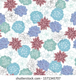 Seamless pattern with colorful succulents and outlined