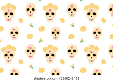 Seamless pattern of colorful Sugar Skull and flowers. Abstract background texture. Day of the Dead