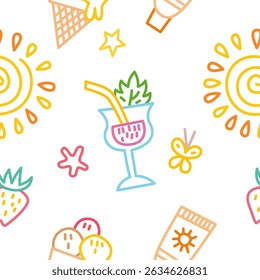 Seamless pattern with colorful summer cocktails, tropical drinks, citrus slices, refreshing vacation style

