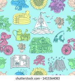 Seamless pattern with colorful summer drawings of travel objects, gardening, cottage house, flowers on blue. Vector background with hand drawn graphic doodles