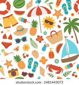 Seamless pattern with colorful summer elements. Beach background with swimsuits, hat, sunglasses, palm, cocktails, fruits, ice cream and other. Tropical vacation, holiday. Vector illustration isolated