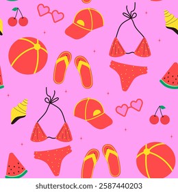 Seamless pattern with colorful summer elements. Modern isolated vector illustration.