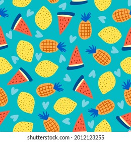 Seamless pattern of colorful summer fruits isolated on blue background.