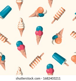 Seamless pattern with colorful summer ice cream. Beach party background. Juicy texture in outline with cold yogurt, caramel.
