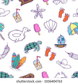 seamless pattern of colorful summer icons with doodle style
