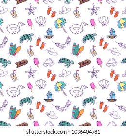 seamless pattern of colorful summer icons with doodle style on white background