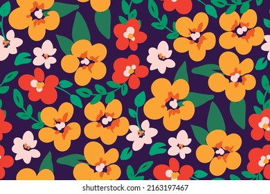 Seamless pattern with colorful summer meadow, bright floral composition. Ditsy print, trendy botanical background with hand drawn yellow flowers, small red flowers, leaves on purple field. Vector.