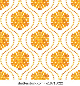 Seamless pattern of colorful summer orange dotted burst in trellis. Mosaic tracery motif on white background. Vector illustration