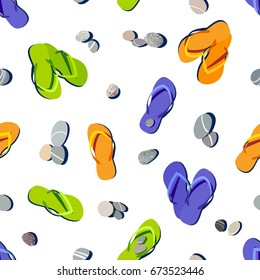 Seamless pattern of colorful summer pair flip flop and pebbles  isolated on white background. Top view.