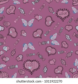 Seamless pattern colorful summer style label illustration with nice elements. Love and unusual designs. Love card. Our love is happy. Vector illustration.