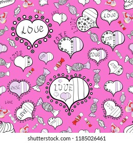 Seamless pattern colorful summer style label illustration with nice elements. Vector illustration. Love card. Love and unusual designs. Our love is happy.