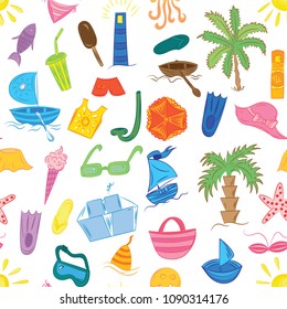Seamless Pattern of Colorful Summer Vacancies Symbols. Doodle Boats, Ice cream, Palms, Hat, Umbrella, Jellyfish, Cocktail, Sun. Vector Illustration.