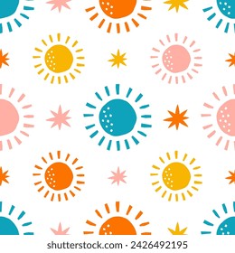 Seamless pattern with colorful sun and stars