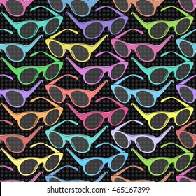 Seamless pattern with colorful sunglasses on black background. Glasses pattern