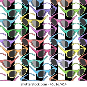Seamless pattern with colorful sunglasses on striped background. Glasses pattern