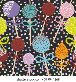 seamless pattern Colorful Sweet Cake pops set with bow isolated on black polka dot background. Vector