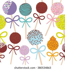 seamless pattern Colorful Sweet Cake pops set with bow isolated on white background. Vector