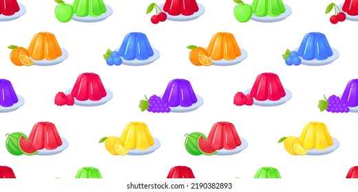 Patrón sin foco con gelatina de postre dulce colorido, frutas y bayas ilustraciones vectoriales.