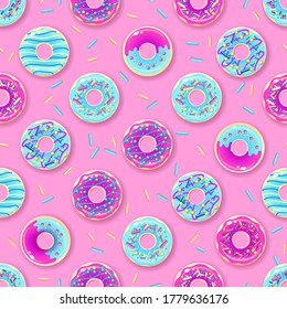 Seamless pattern of colorful sweet donuts. Junk food background