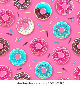 Seamless pattern of colorful sweet donuts. Junk food background