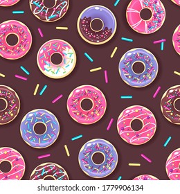 Patrón inmaculado de coloridos donuts dulces. Fondo de comida chatarra