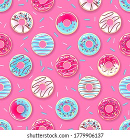 Nahtlose Muster von bunten, süßen Donuts. Junk-Lebensmittelhintergrund