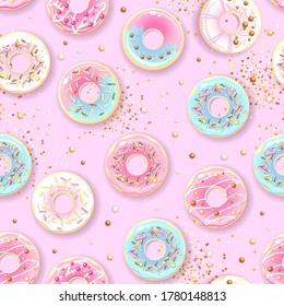 Seamless pattern of colorful sweet donuts. Junk food background