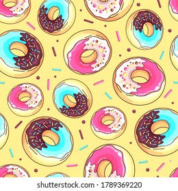 Seamless pattern with colorful sweet donuts. Junk fast food background