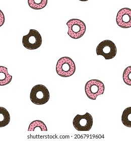 Seamless pattern with colorful sweet donuts on a white background. Vector illustration.
