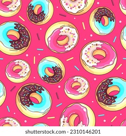 Seamless pattern with colorful sweet donuts. Junk fast food background