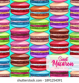 Seamless pattern of colorful sweet macarons cakes. French macaroons. Junk food background