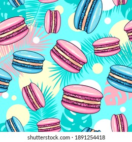Seamless pattern of colorful sweet macarons cakes with tropic leaves. French macaroons. Junk food background