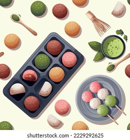 Patrón sin foco con colorido Mochi dulce, dango, té matcha. Comida japonesa, comida saludable, cocina, menú, dulce, postre. Ilustración vectorial. 