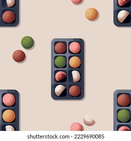 Seamless pattern with colorful Sweet Mochi. Japanese food, healthy eating, cooking, menu, sweet food, dessert concept. Vector illustration. 