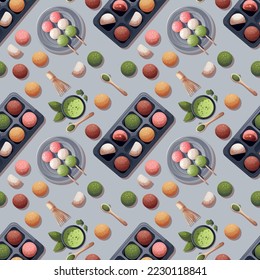 Seamless pattern with colorful Sweet Mochi, dango, matcha tea. Japanese food, healthy eating, cooking, menu, sweet food, dessert concept. Vector illustration. 