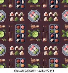 Seamless pattern with colorful Sweet Mochi, dango, matcha tea, onigiri. Japanese food, healthy eating, cooking, menu, sweet food, dessert concept. Vector illustration. 
