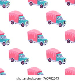 Seamless pattern with colorful sweet truck isolated on white. Cartoon transportation vehicle made of candies in flat style. Vector illustration of pink lorry with blue cabin endless texture