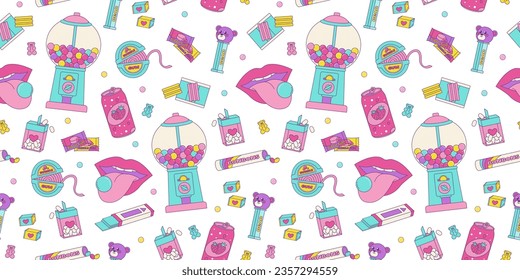 Seamless pattern of colorful sweets, bubble gum from the 80s 90s, retro style, nostalgic elements. Vector background in vintage style